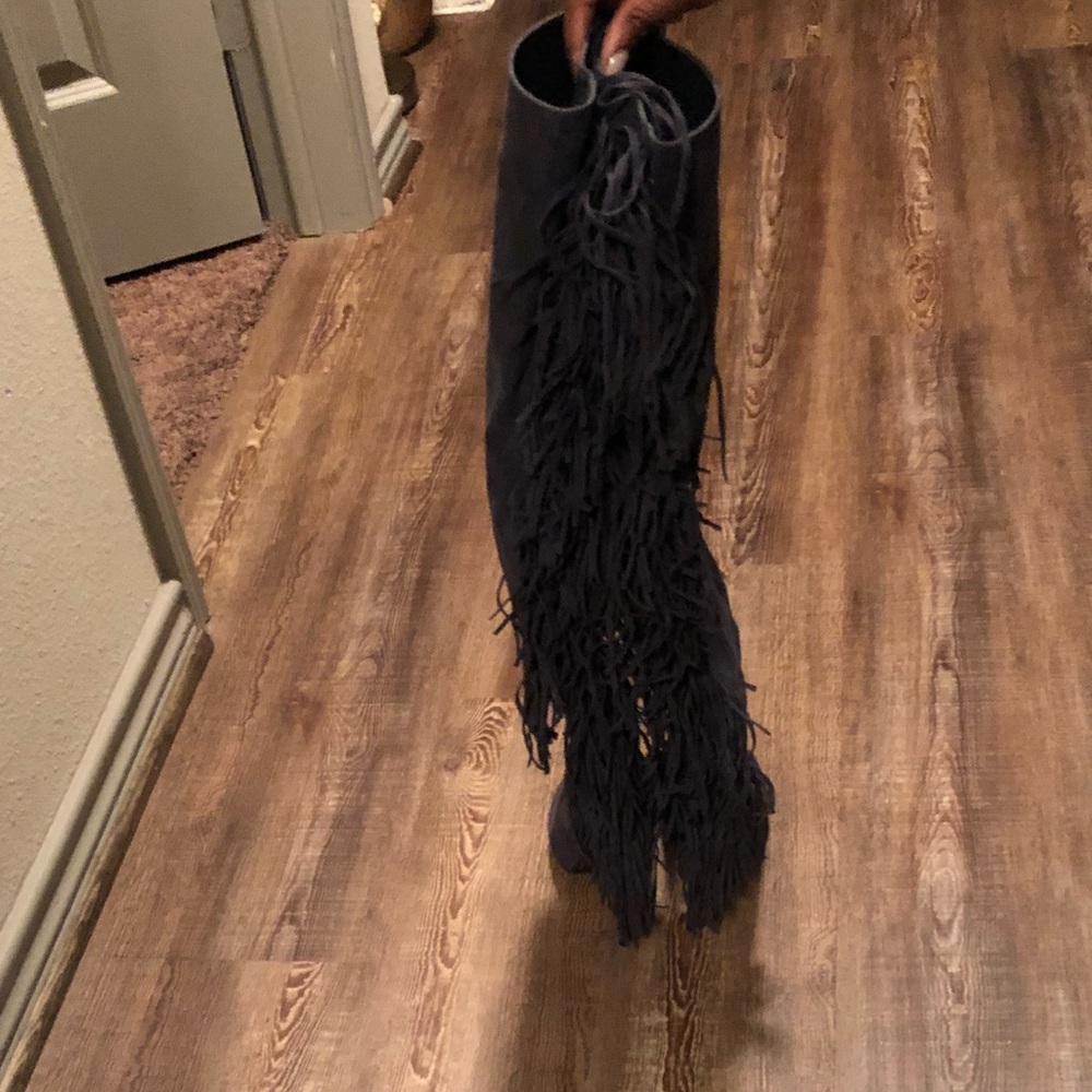 Thigh high blue fringe open toe boots - Picture 3 of 5